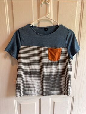 SHEIN Blue Yoke Striped Short Sleeve Tee with Orange Pocket